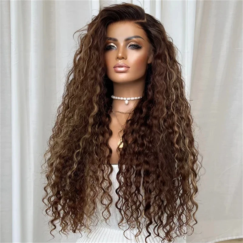 13x4 بني داكن مع خطوط شقراء العسل Balayage الاصطناعية HD الدانتيل شعر مستعار أمامي طويل عميق مجعد ألياف مقاومة للحرارة فراق عميق