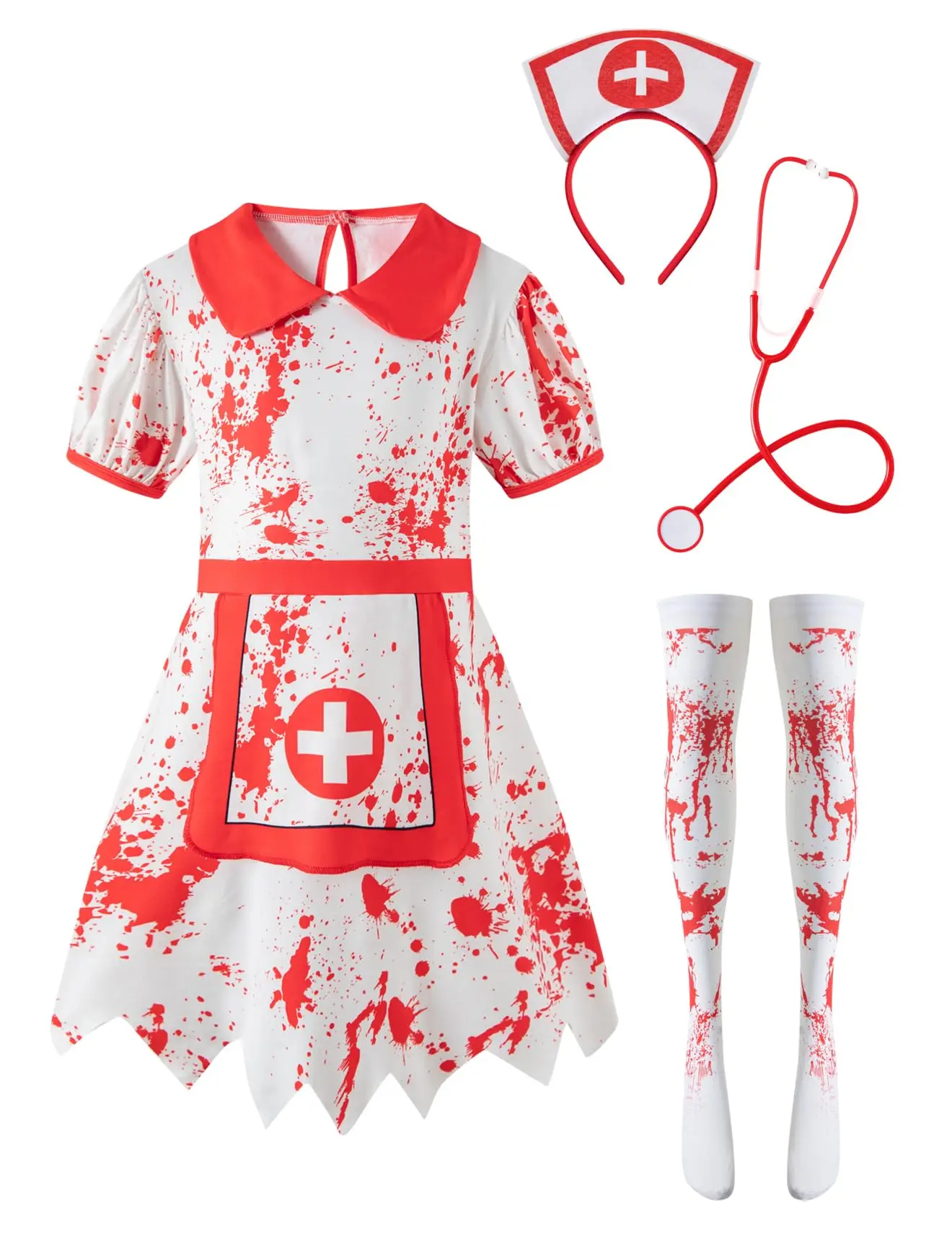 

Kids Girl's Halloween Scary Zombie Nurse Costume Dress with Hat, Bloodstained Stockings for Party
