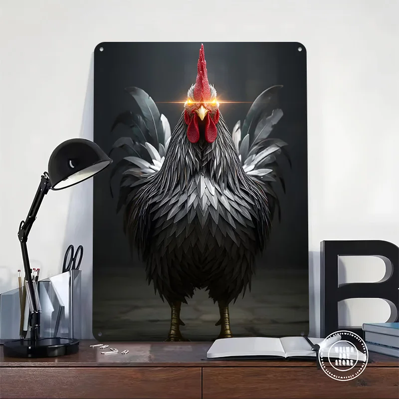 Metallic Rooster With Glowing Eyes Metal Poster Custom Wall Art Retro Vintage Tinplate Signs for Man Cave Decoration Gaming Home