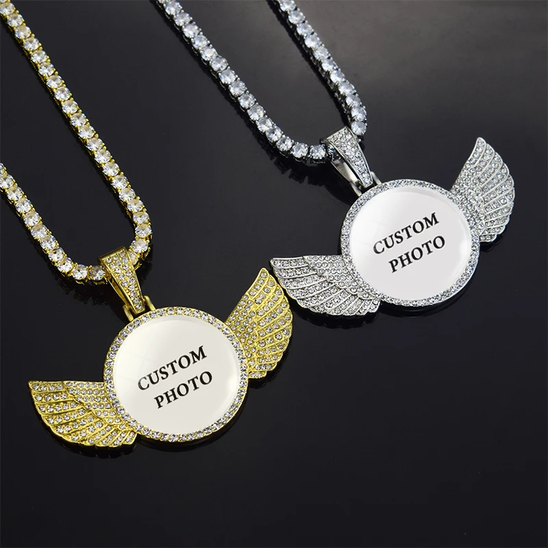 Custom Photo Logo Necklace Personalized Wings Pendant Tennis Chain Necklace Zircon Crystal Hip Hop Jewelry Anniversary Gift