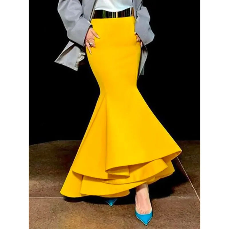 

Желтая облегающая юбка-русалка Tinaa для женщин, модная модель 2026 года, с высокой талией, плиссированная, многослойная, для вечеринок, длинная, без пояса, 175794