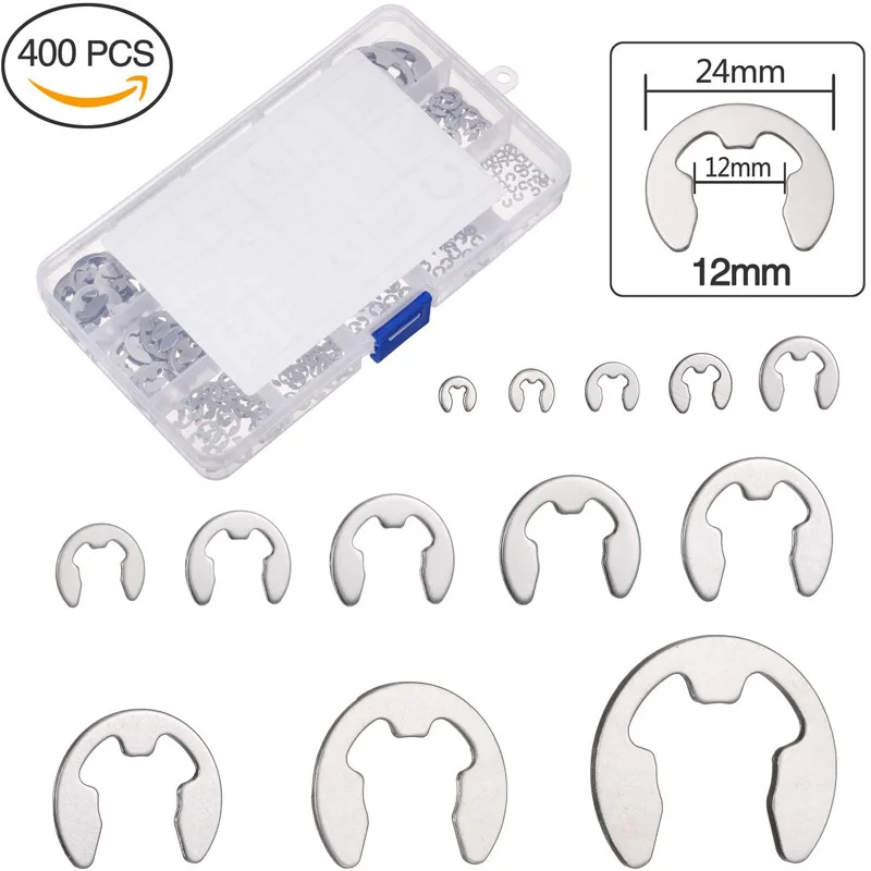400Pcs 304 Stainless Steel E-Clip Retaining Ring Assortment Kit 1.5-15mm E Type Circlip Snap Ring Set with Storage Box