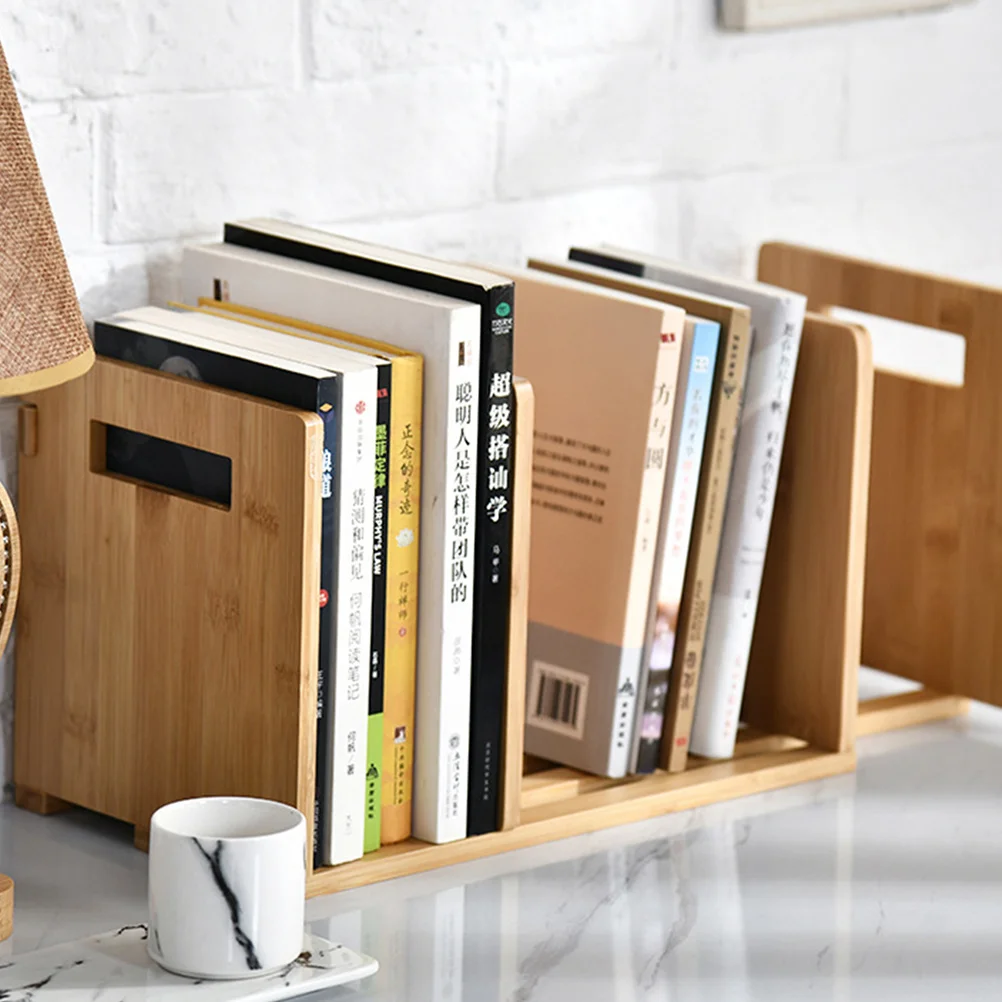 1Pcs Expandable Bamboo Desktop Bookend Retractable Bookshelf Book Holder Storage Rack Desk Organizer Wood Color
