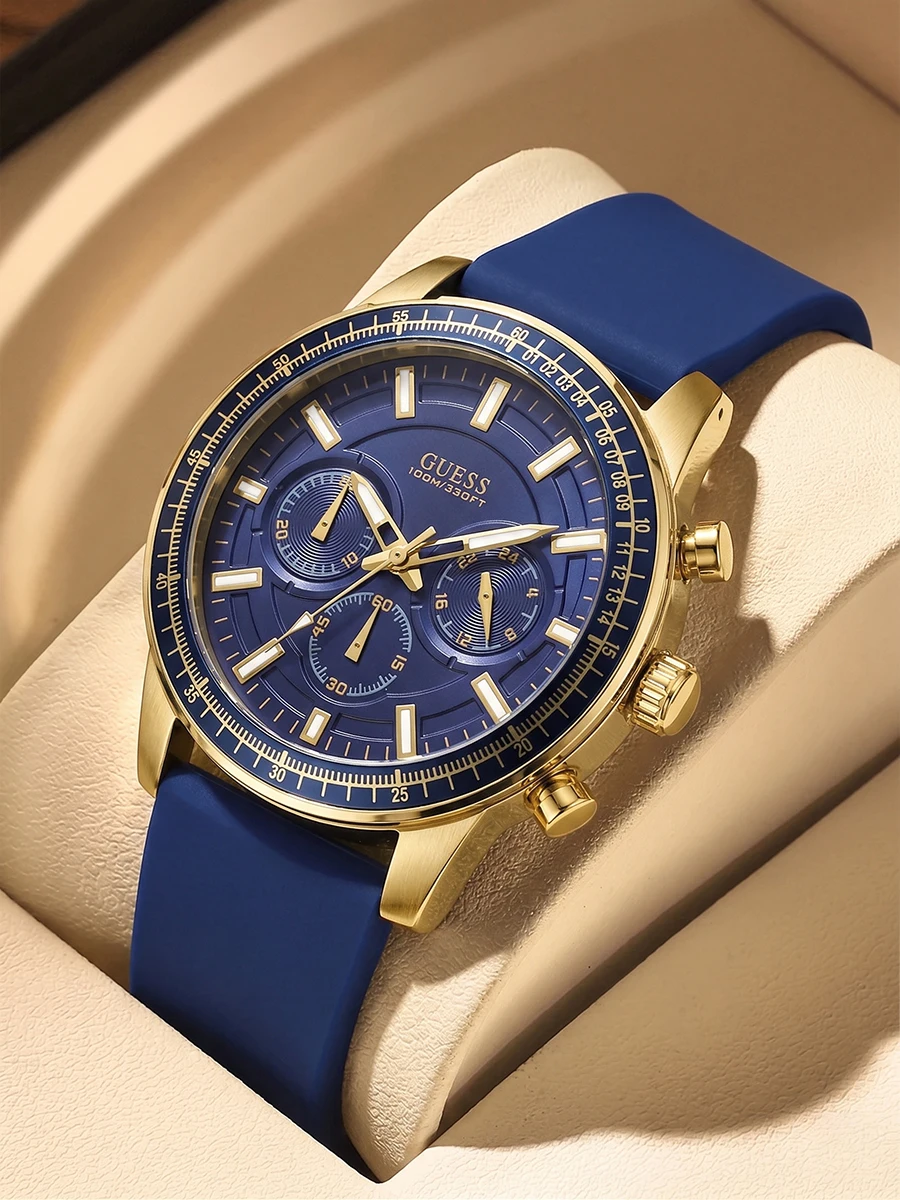 Reloj Deportivo GUESS para Hombre, Tono Dorado, Esfera Azul Marino, Bisel de Silicona Texturizada, Multifunción, Cuarzo, Lujoso, Regalo para Fiestas y Festivales de Música