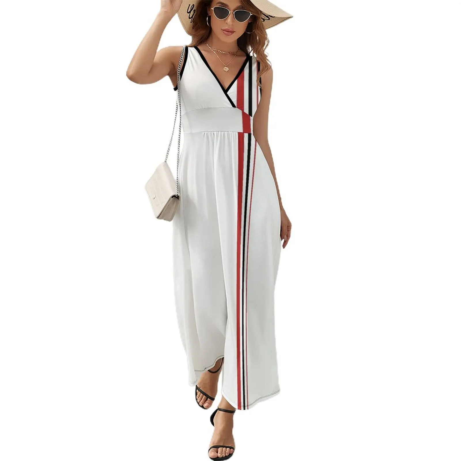 

Красные и черные вертикальные линии, всего 60! Женское летнее длинное платье без рукавов