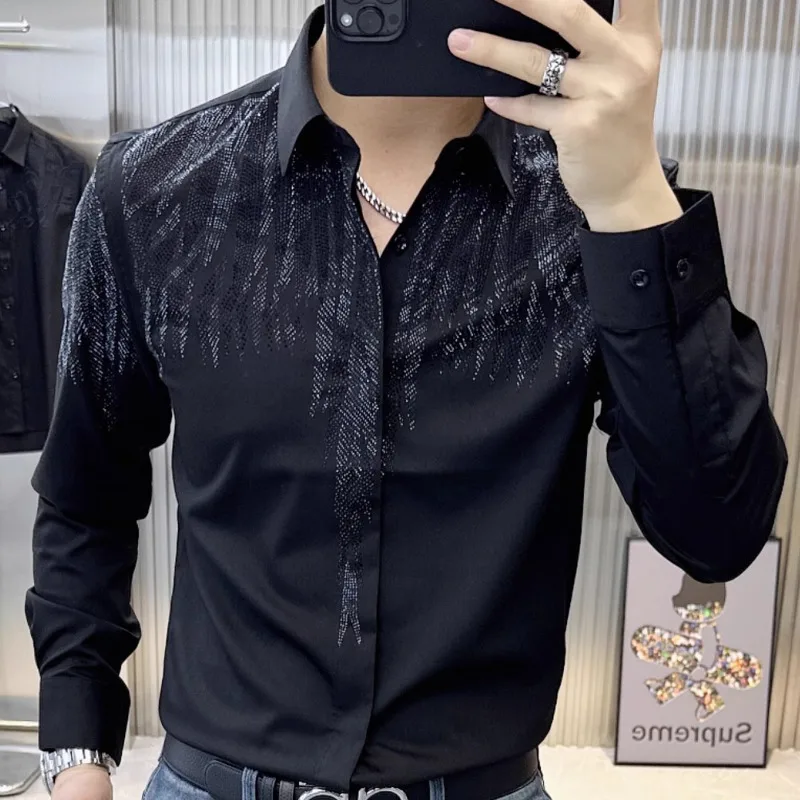 

2024 Spring Slim Fit Long Sleeved Shirt For Men European Personalized Hot Diamond Shirt Social Club Outfits Trend Shirt Men