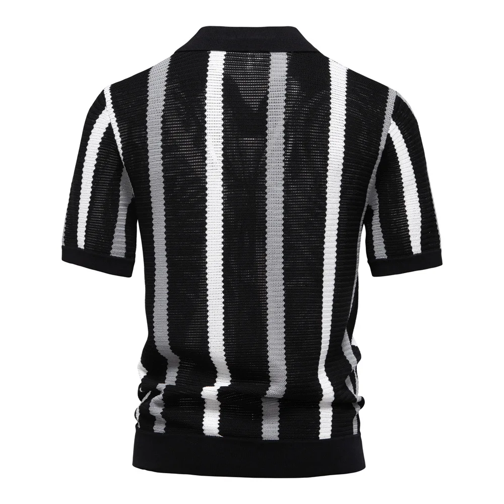 New Summer Men's Short-Sleeved Striped Knitted POLO Shirt with Hollow-Out Design and Breathable Mesh Fabric.