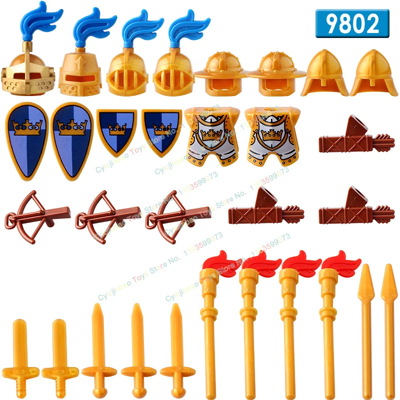 Bloques de construcción de armadura de lanza de escudo de caballero Medieval, accesorios de caballero dorado, bloques de construcción, Mini figura de acción, juguete de regalo de vacaciones, AX9802