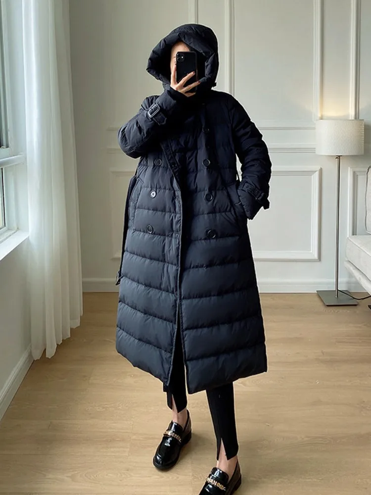 Women Winter Windbreaker Long Down Jacket Double Breasted Belted Hooded Overcoat Vintage Office Ladies Thick Warm 90% Down Coats