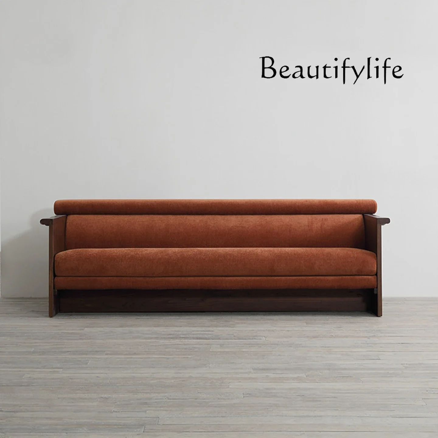 

R Japanese Medieval Replica Solid Wood Fabric Sofa, Retro Designer Warm Velvet Solid Wood Sofa