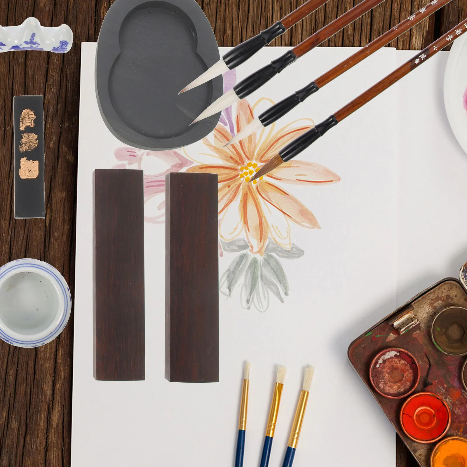 

1Set Practicing Ink Brush Calligraphy Set Chinese Writing Brush Study Ink Stone for Student Calligraphy Art Student Stationery