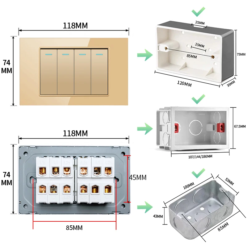 PSSRISE AU EU Brazil Italy US Standard 1/2/3/4/5/6 Gang 2 Way Wall light switch Tempered glass Panel Switch 118*74mm AC110-250V image 5