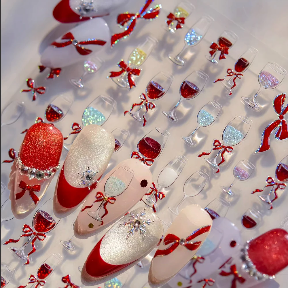 1 pièces 5D paillettes rouge arc verre à vin Nail Art autocollants brillant nœud papillon ruban gobelet ongles décalcomanies bricolage saint valentin Sexy ongles autocollants