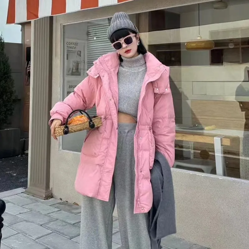2025 Winter New Korean Style Women Down Jacket Long Thick Warm Waist Hooded Loose Petite Coat