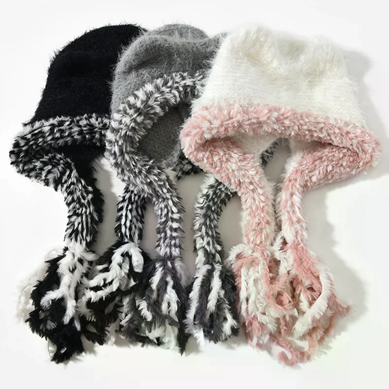 New Winter Windproof Warm Cute Bear Ear Knit Hat With Soft Ear Protection