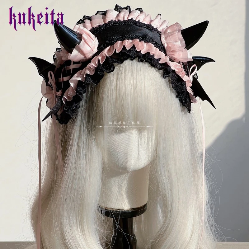 Gothic Demon Horn Bat Wings Lace-up Bow Lace Headband Lolita Cosplay Hairband Headwear Party Hair Accessory