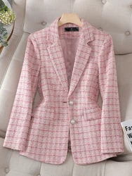 Long Sleeve Autumn Winter Women Blazer Ladies Pink Beige Plaid Female Casual Jacket Coat