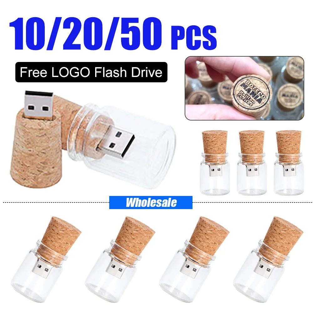 10/20/50pcs ใหม่ Drifting ขวด USB 2.0 Memory Stick 8GB16GB 32GB64GB128GB แก้วขวดดริฟท์แฟลชไดรฟ์ไม้ Cork pendrive