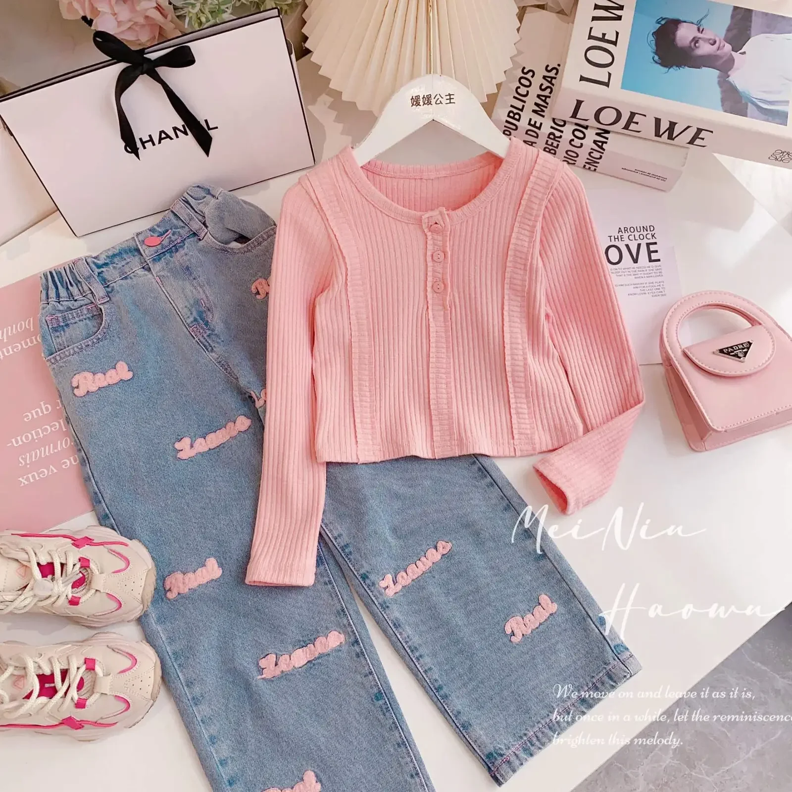 Peacolate Ensemble Fille 2 Pièces T-shirt Manches Longues Rayé Rose Et Jeans Bootcut Bleu Brodé Papillon 5-10 Ans