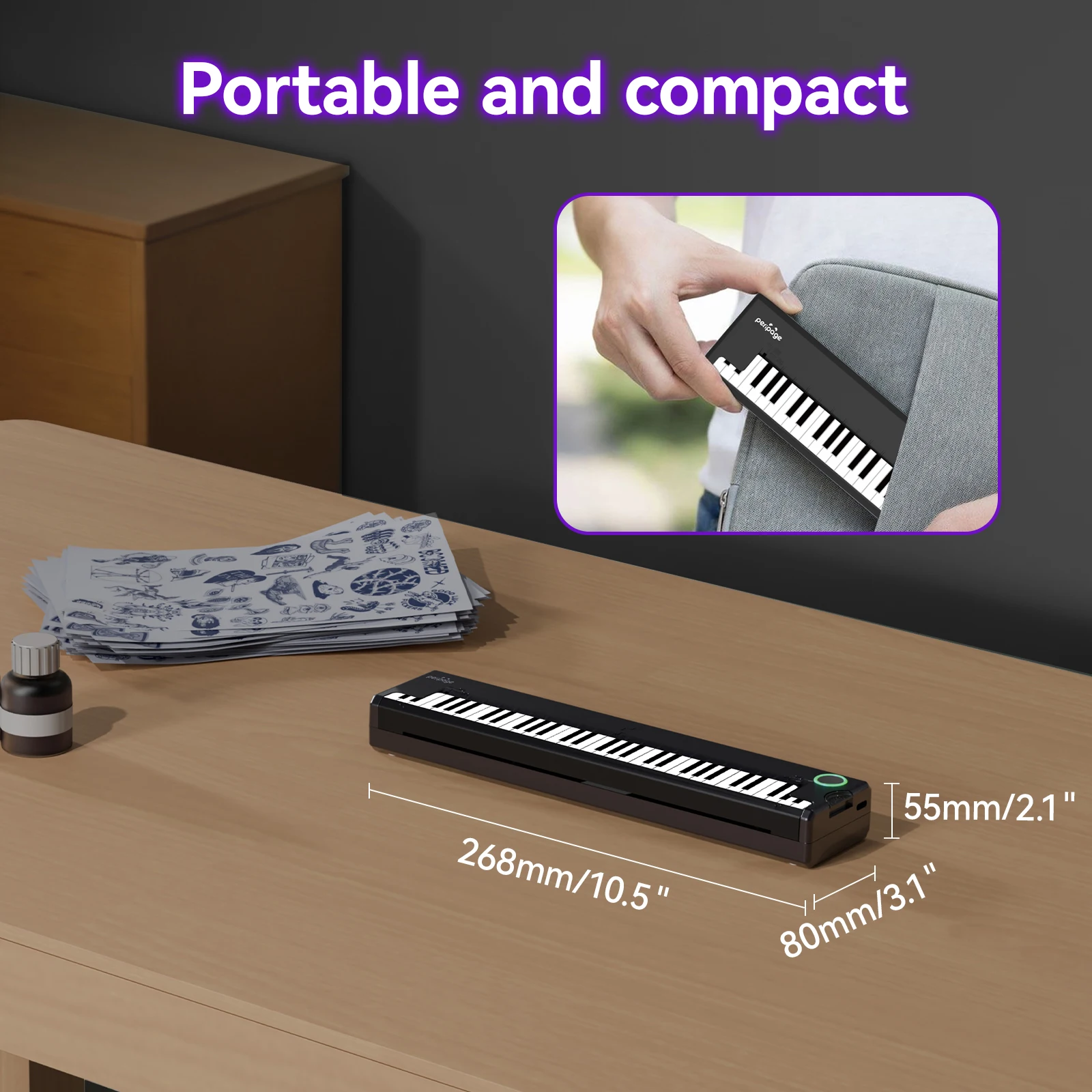 PeriPage P90_Piano طابعة استنسل الوشم مع ورق نقل A4 سماعة لاسلكية تعمل بالبلوتوث طباعة الوشم أندرويد/iOS/Windows/Mac