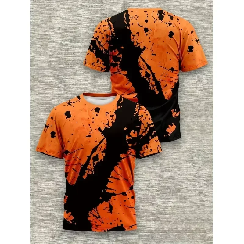 Camiseta com Estampa Digital 3D, Design Abstrato em Alto Contraste, Laranja e Preto, Tamanho Grande Masculino, Camiseta Casual Unissex Feminina, Roupa