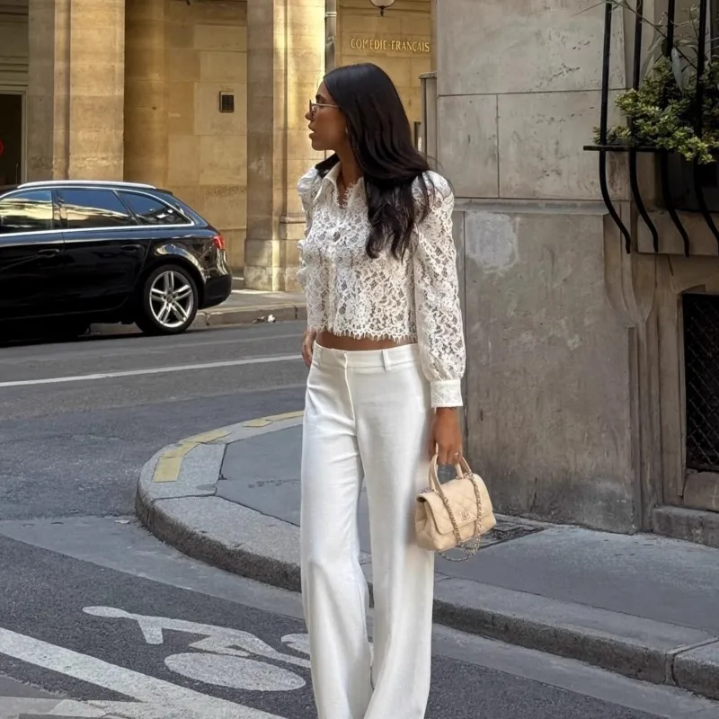 Sexy doorzichtig kanten shirt voor dames Elegant kantoor wit overhemd Lange mouw Turn-down kraag Holle tops Dameskleding