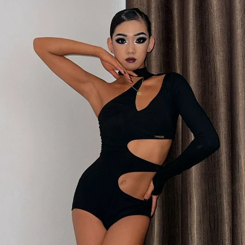 Sexy Irregular Cut Out Latin Dance Tops Black Bodysuit Women Practice Clothes Cha Cha Rumba Dance Costume Samba Tops DNV19003