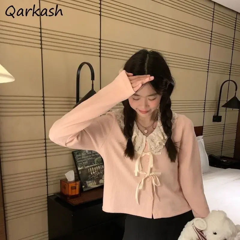 

Sweet Cardigan Women Peter Pan Collar Long Sleeve Lace Patchwork Lace-up Decoration Kawaiii Girls Korean Style Students Chic