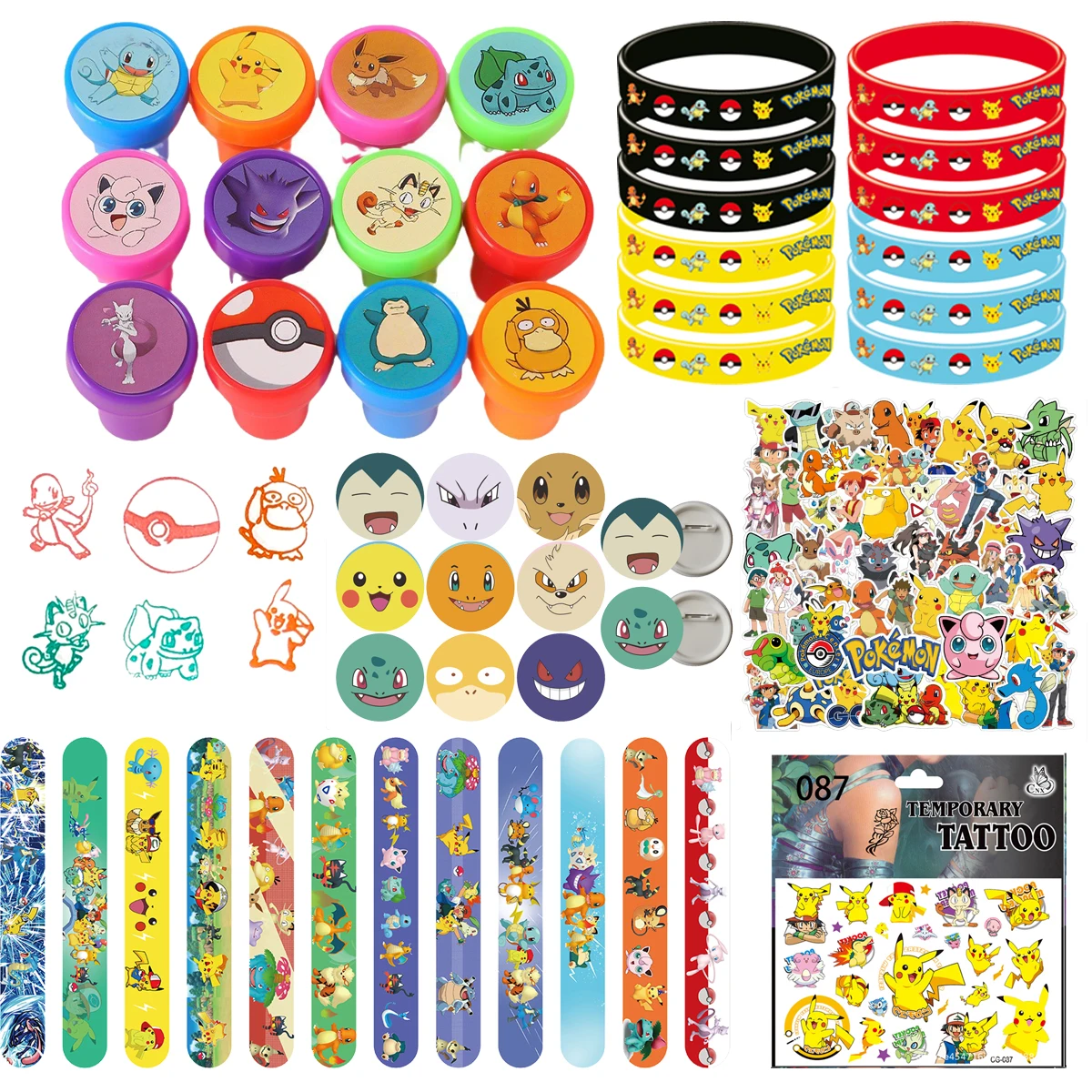 Pokemon Pikachu Birthday Party Favors Gifts Slap Bracelets Stamps Tattoos Stickers Kids Goodie Bag Fillers Party Supplies Decora