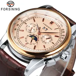 Forsining Retro Mechancial Watches Moon Phase Shanghai Movement Rose Gold Case Brown Leather Strap Luxury Automatic Mens Watch