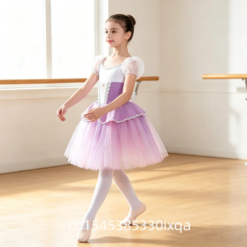 Children's Swan Lake Ballet Performance Dress TUTU Skirt with Bubble Sleeves Princess Fluffy Skirt Leotardos for Girls