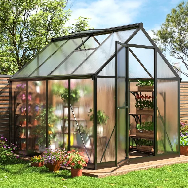 6x7.5 FT Quick Setup Polycarbonate Greenhouse with Roof Vent, Large Aluminum Walk-in Green House for Outdoor Garden Backyard,