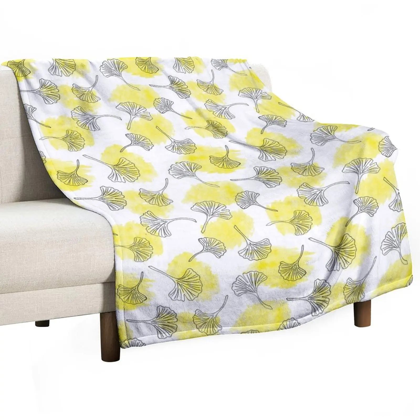 Ginkgo Leaf Sketch and Watercolor Pattern Throw Blanket blankets ands sofa bed Bed Beautifuls Blankets