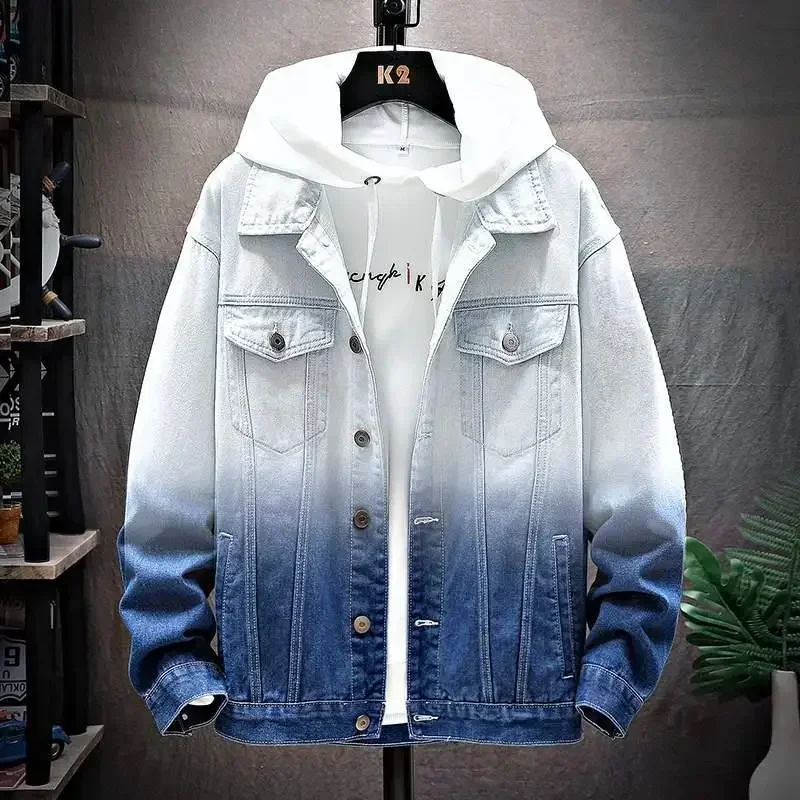 Denim Jackets Man Autumn Gray Jeans Coat for Men Gradient Color Winter Outerwear Cowboy in Lowest Price Washed Big Size Menswear