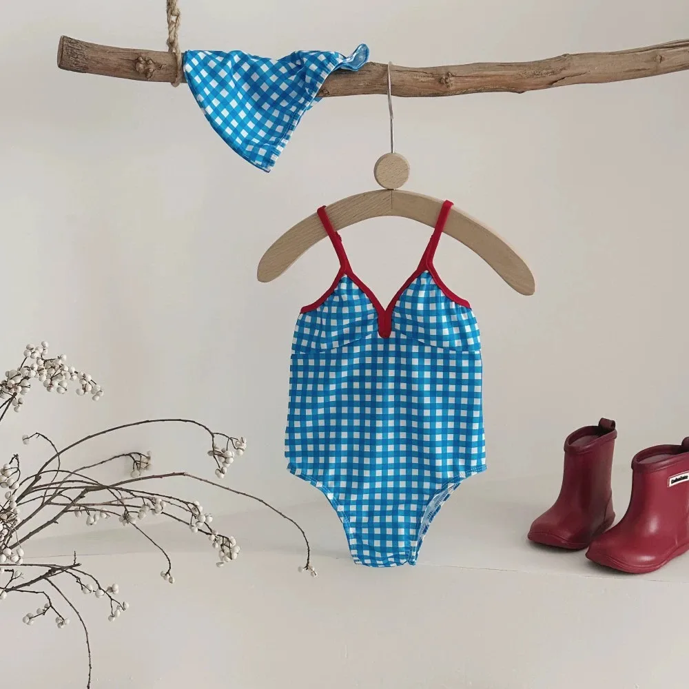 Girls Checkered Swimsuit Summer Korean Baby Lace Up Western-style One-piece Swimsuit Little Girls Beach Vacation Style Swimsuit