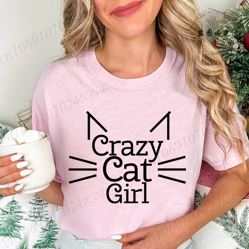 Crazy Cat Girl Funny Design Women's Tshirt Funny Joke Tee T-Shirt Anime Cartoon Graphic Tee Casual Short Sleeve Printed Tees