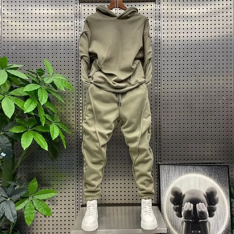 Men's autumn and winter solid color sports and leisure set, long sleeved hoodie, leg binding, youth 2pcs set