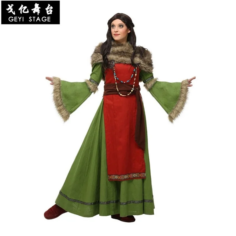 

Gothic Medieval Dress Cosplay Carnival Halloween Costume for Women Retro Vestidos Viking Peasant Woman Party dress Wool shawl