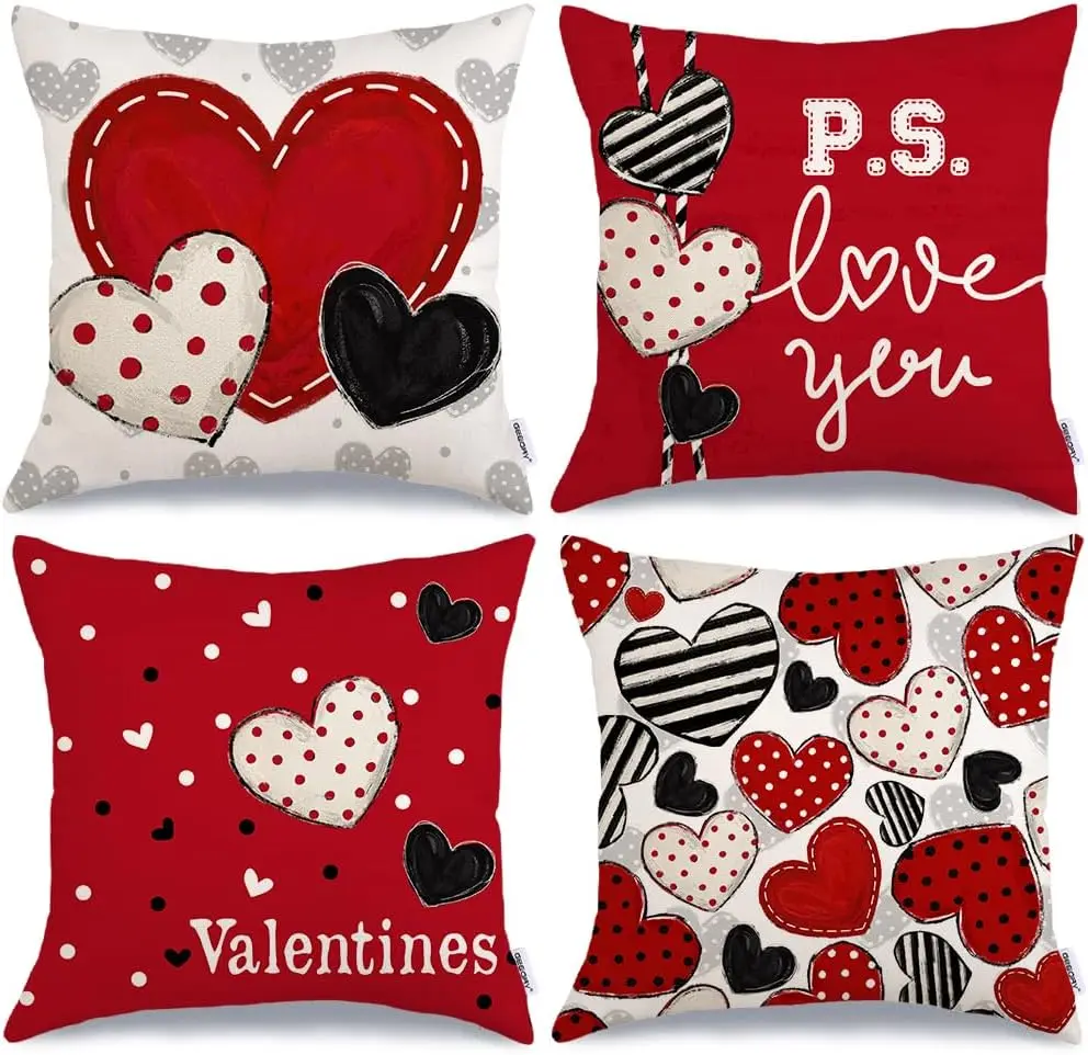 Valentine's Day Pillow Covers 18x18 Inch Set of 4 Decor Polka Dots Red Hearts Striped Love Decorative Pillowcases for Home Sofa