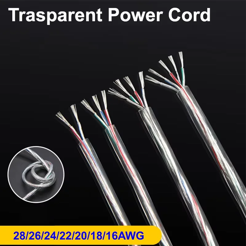 1~20m Transparent Power Cord 28/26/24/22/20/18/16AWG PVC Insulation Tinned Copper Cable 2 3 4 5 Cores LED Light Wire Line