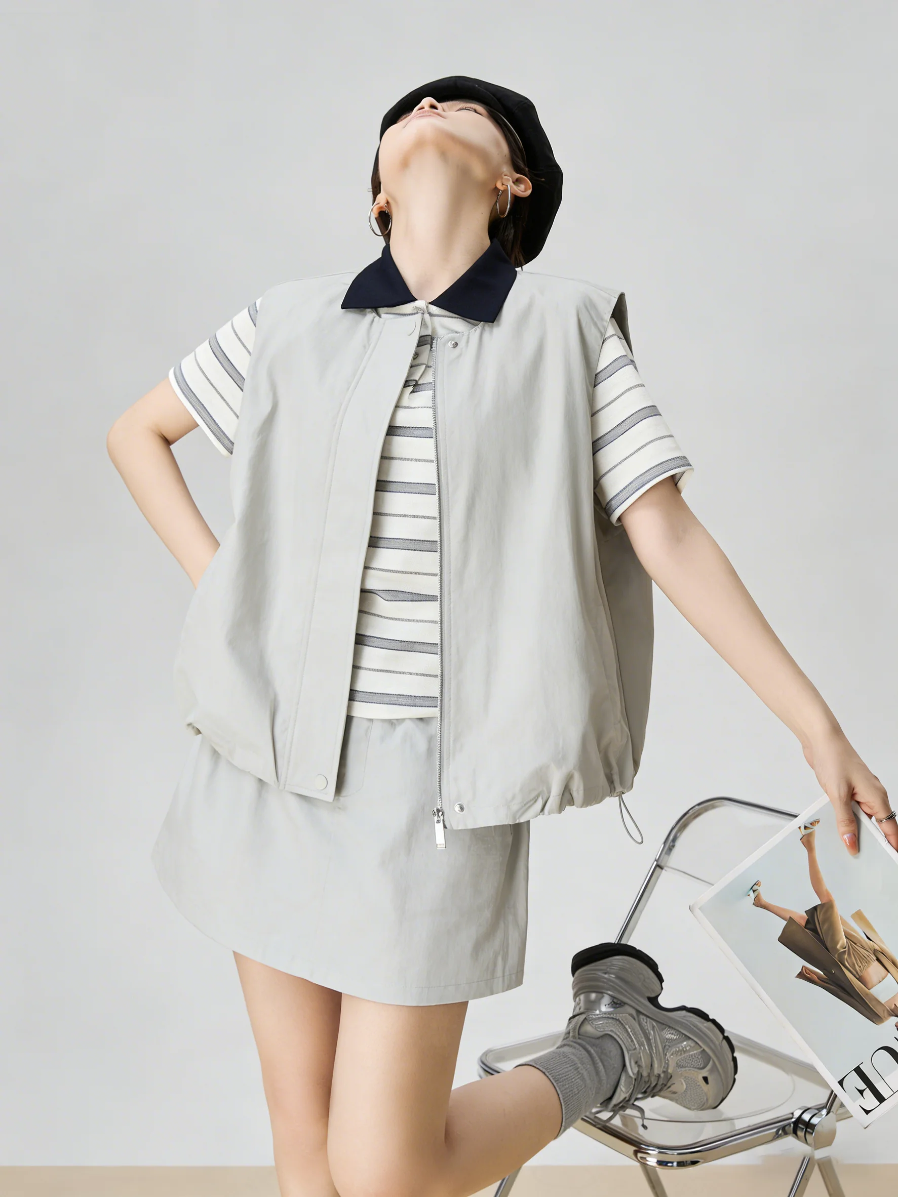 

Casual Stripe Short Sleeve Grey Vest Skirt Set Women's Fashion High Waist Spring Summer New Arrival Two Piece Ensemble