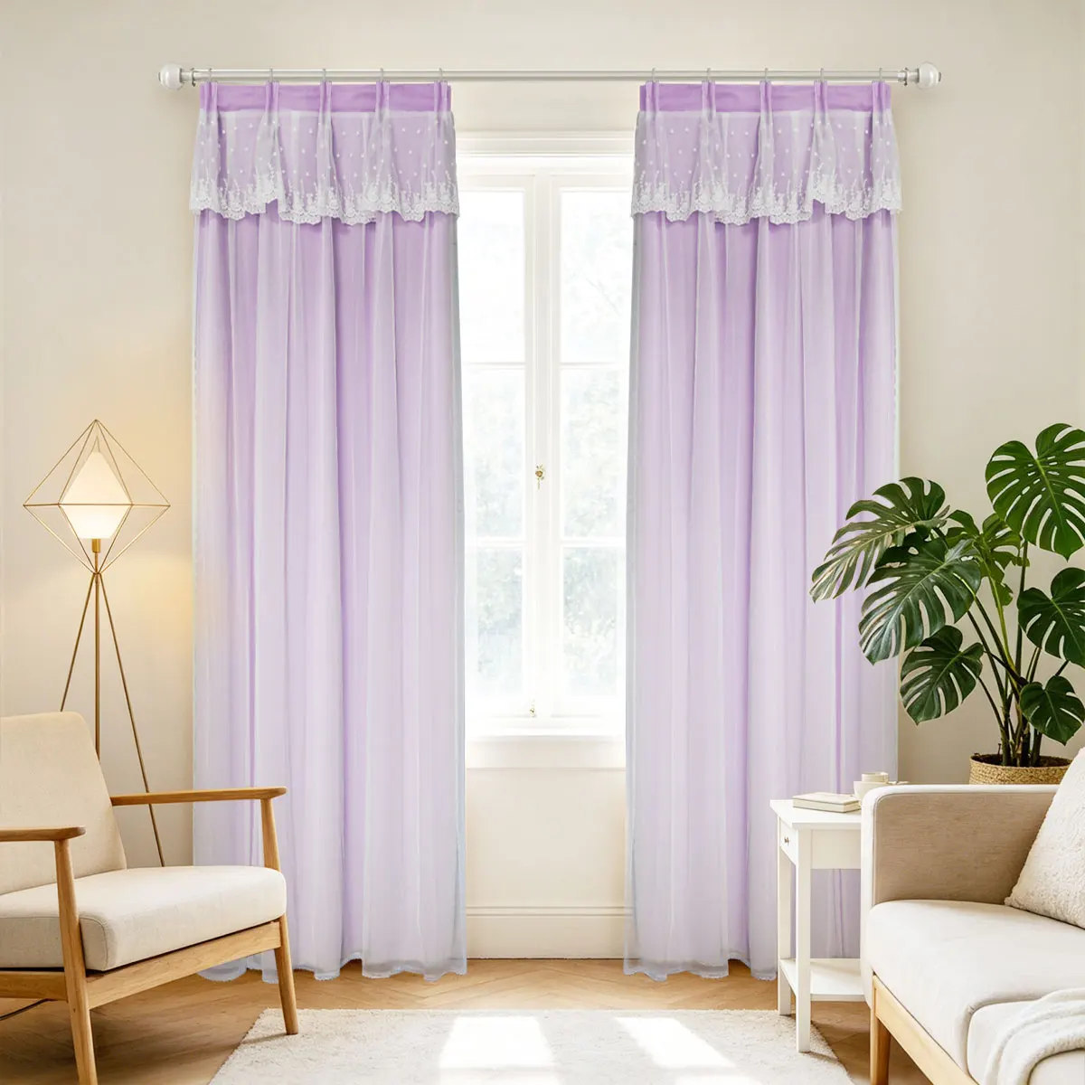 Lavender Purple Double Layer Curtains 2 Panels, 4-Prong Hook Star Lace Sheer Medium Light Blocking Drapes