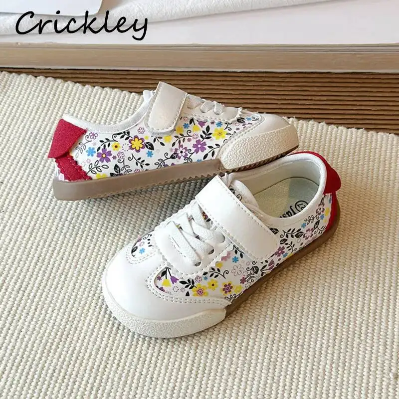 Flowers Printed Girls Casual Shoes Princess PU Leather Soft Sneakers For Kids Hook Loop Non Slip Children Sport Shoes