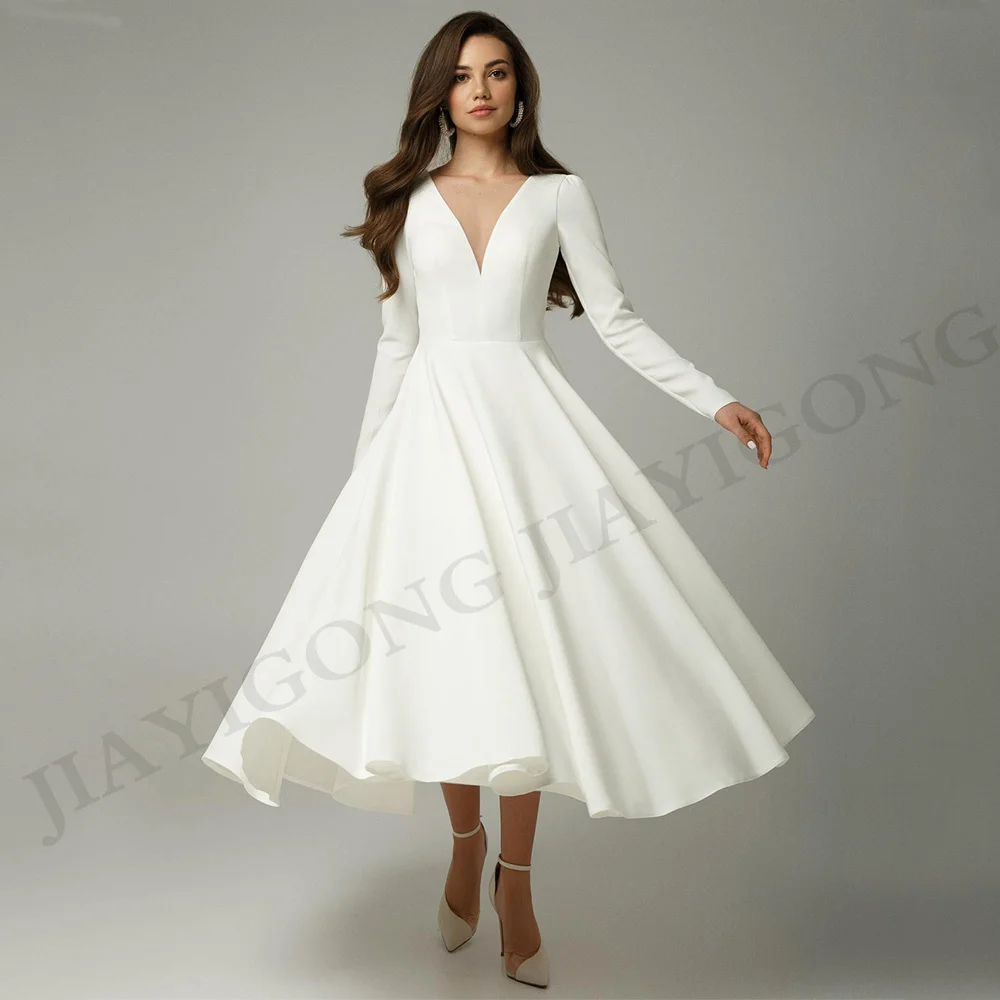 Tea Length Wedding Dress Customized Long Sleeves V Neck Simple Jersey A Line Short Bridal Gown Modest Civil Bride Dresses