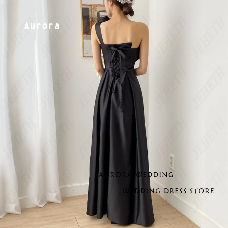 Zwarte One Shoulder Korea Stijl Trouwjurken Voor Vrouwen Strik Plooi Satijnen Bruidsjurken Elegant Mouwloos Rugloos, En