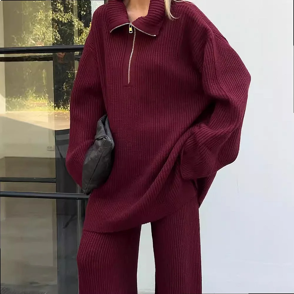 Fashion Lounge Knit Matching Set 2 Piece Half Zip Top Straight Leg Long Pants Jumpsuit Playsuit