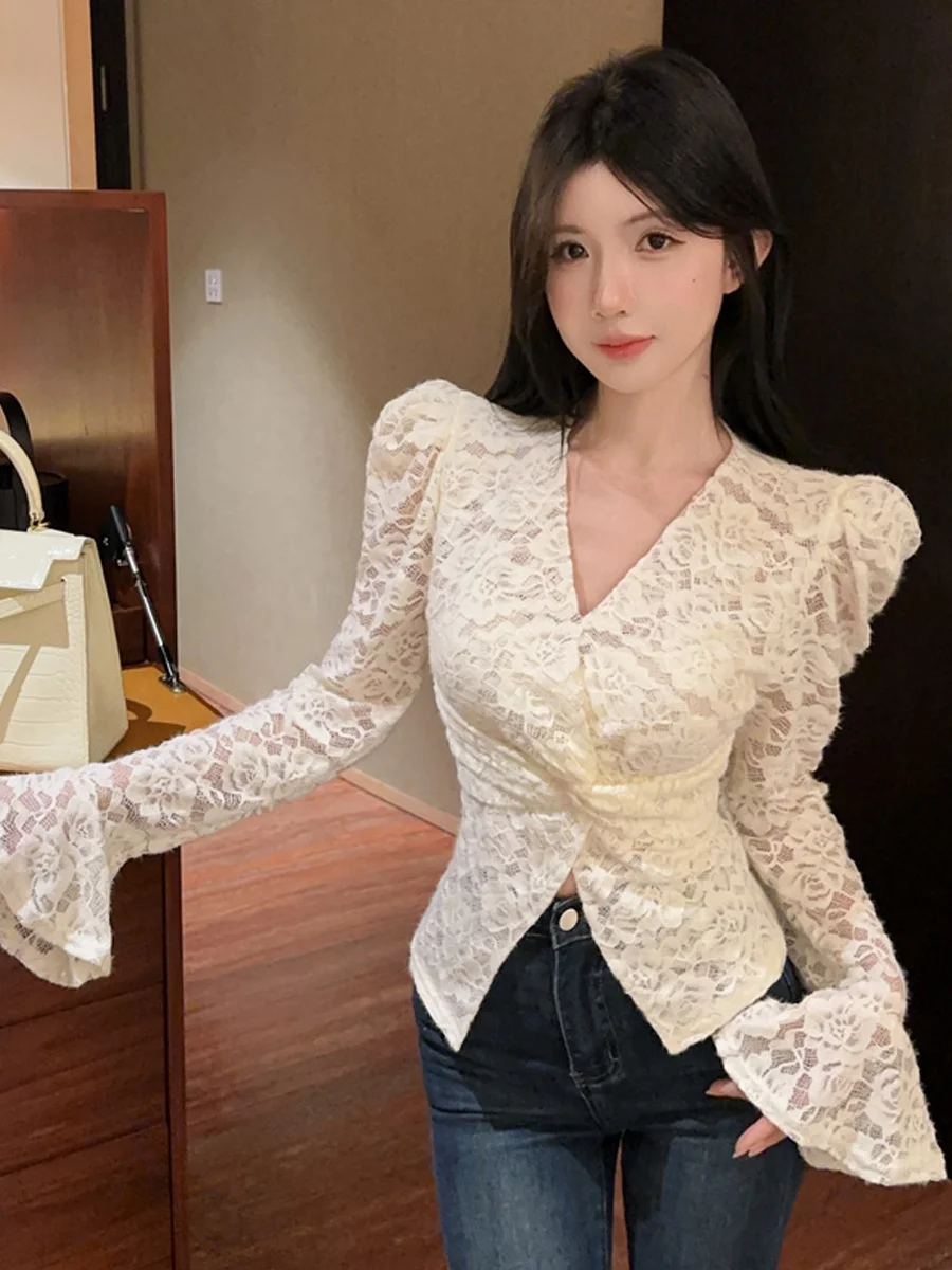 

Сексуальный кружевной топ с завязкой на талии Bell Sve Knot Pure Desire, топ с v-образным вырезом, французский длинный свеч для молодых девушек