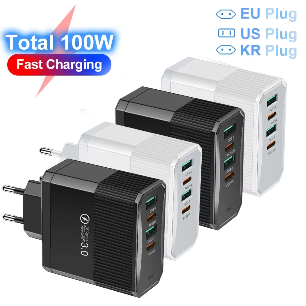 Total 100W 2USB 2PD Charger Fast Charging Quick Charge 3.0 Travel Plug Charging Phone Adapter EU /US/UK/KR Plug Wall Charger