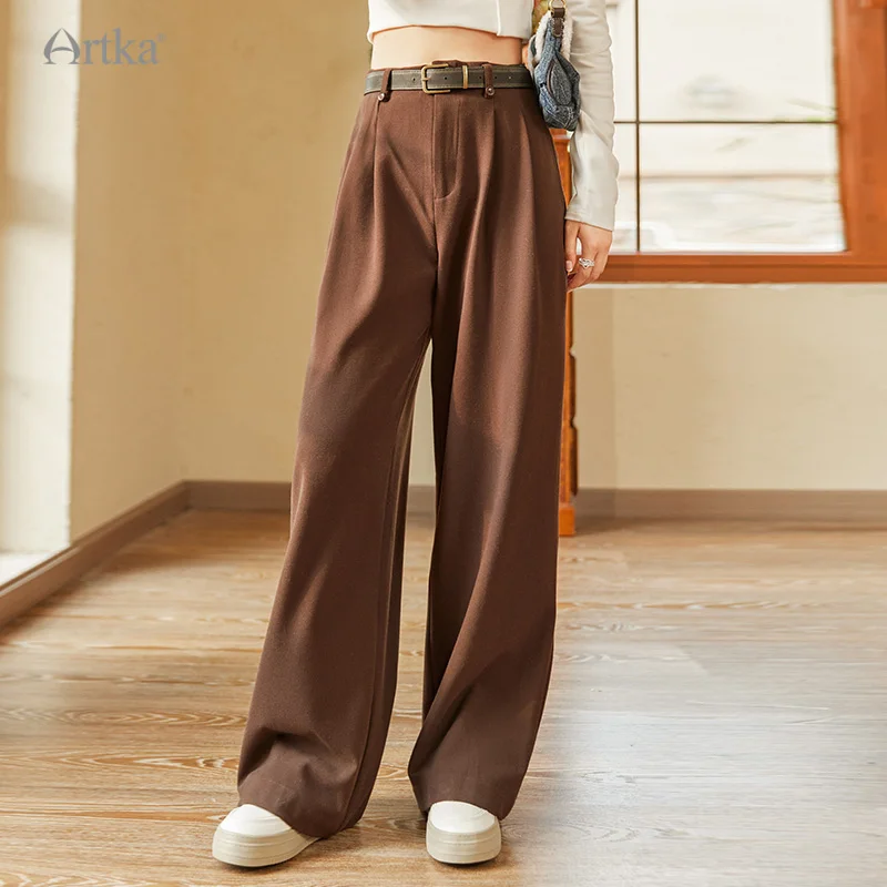 ARTKA 2023 Winter New Women Pants Fashion Casual High Waist Drapping Straight Trousers Long Loose Pants With Belt KA92133D