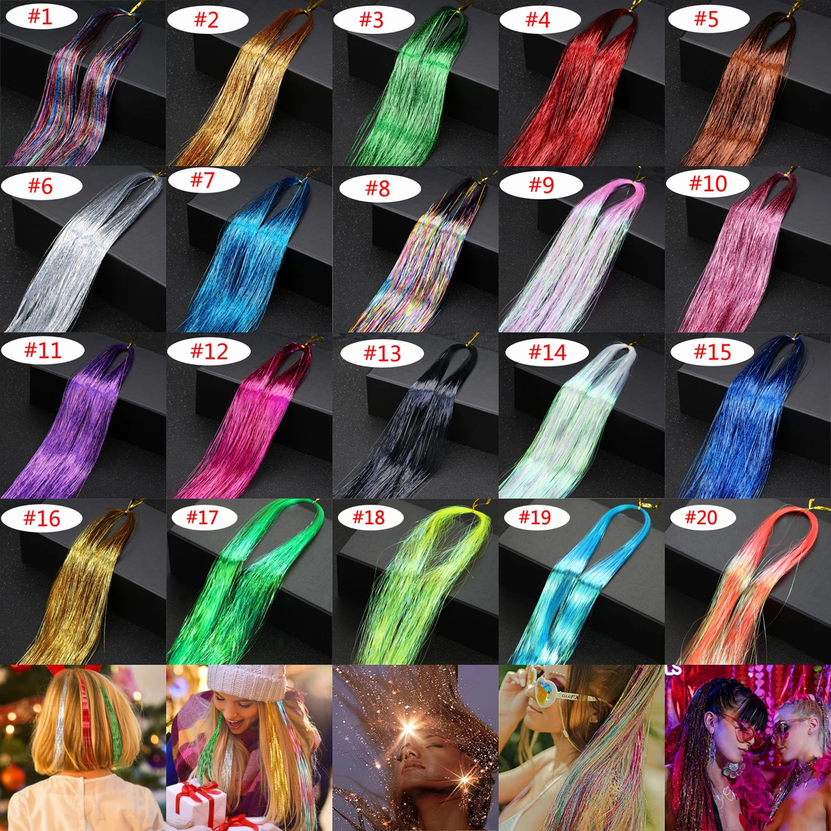 24 Colors 180 Strands Shiny Threads Glitter Hair Tinsel Gold Silk Hair Glitter String Extensions Accessories for Women Headdress